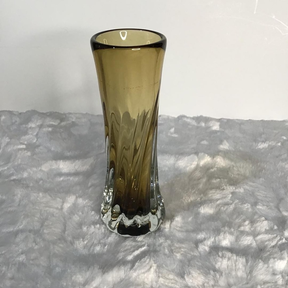 Signed Studio Art Glass Bud Vase Amber Brown Swirl Hand‎ Blown 6.5" MCM Retro